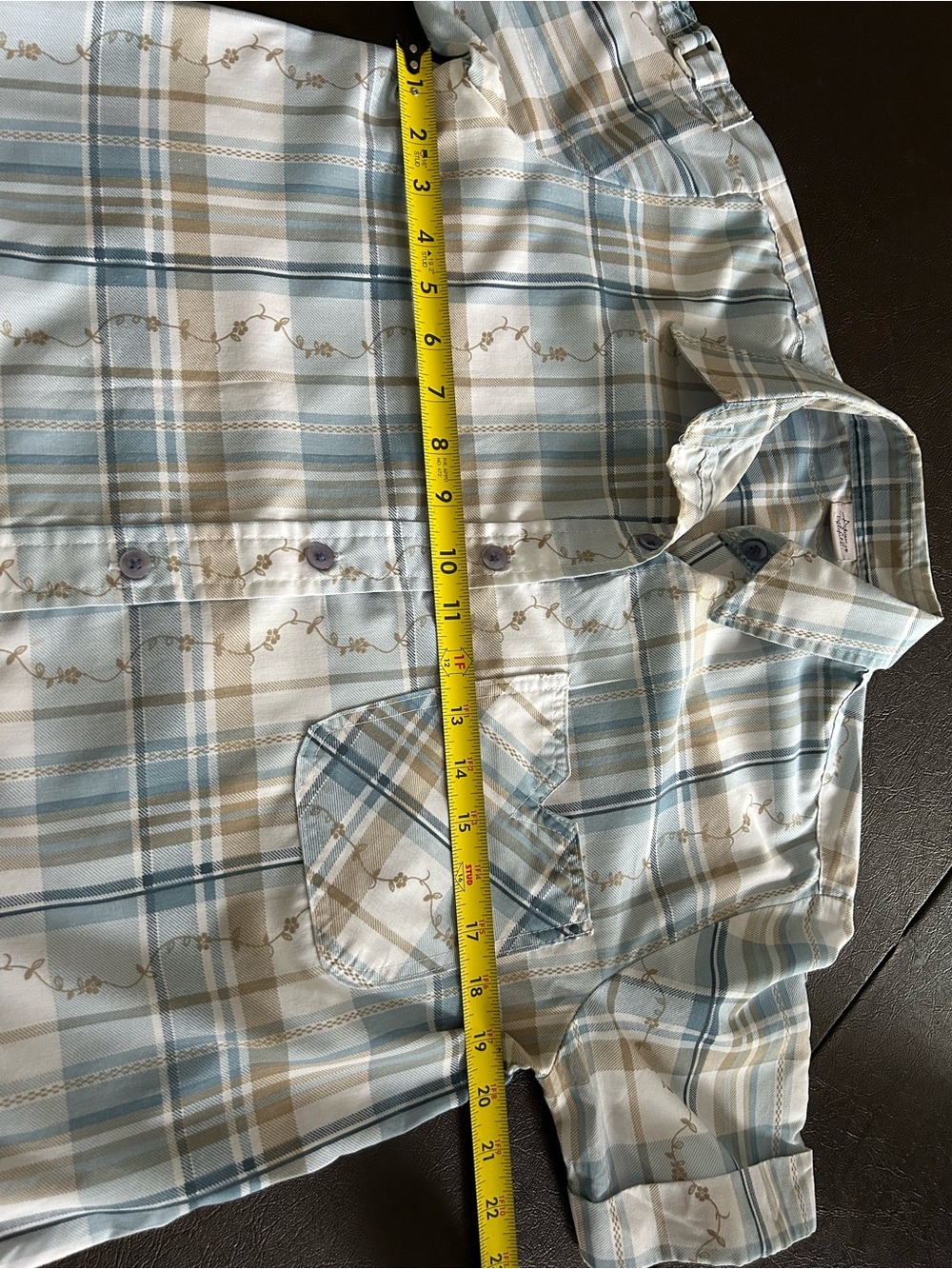 Casual Short-Sleeve Plaid Shirt in Light Blue and Tan with Tan Pants - Picture 10 of 10